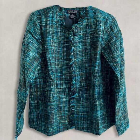 Dialogue Tweed Jacket 2 Pockets Front Closure Long Sleeve Fringe-Edged Teal W 10 - Picture 1 of 13